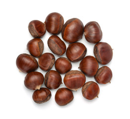 Top view of  whole shelled raw chestnuts