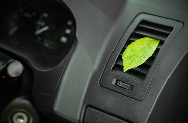 Green leaf in the car air. Clean air conditioning.Health-care concept.