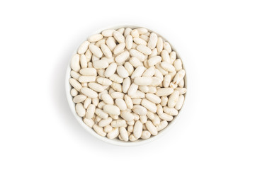  White beans into a bowl in white background. Phaseolus vulgaris