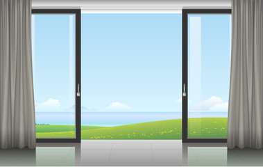 Fototapeta na wymiar The wall at home or with a sliding door and overlooking the coast. Vector illustration