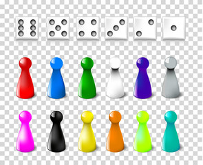 Set of dice and pawns. Multicolor vector isolated

