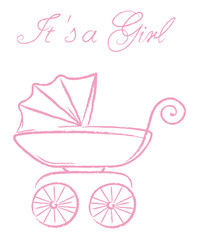 Fototapeta na wymiar It's a girl - Greeting card with baby stroller