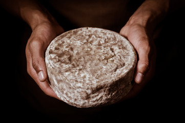 French tomme cheese in the hands of a cheesemaker