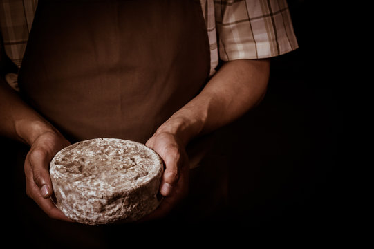 French tomme cheese in the hands of a cheesemaker