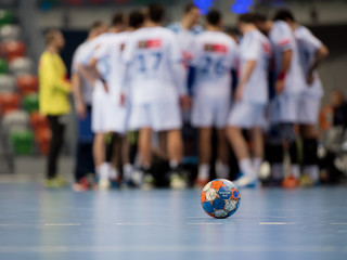 The ball on the court during a break of the handball match