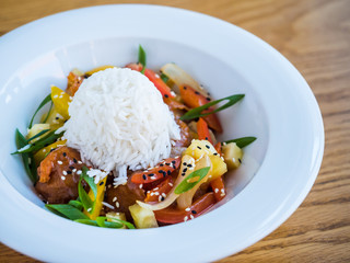 chicken in teriyaki sauce with rice and vegetables