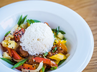 chicken in teriyaki sauce with rice and vegetables