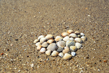 Summertime background. Heart made of shells on the sandy beach