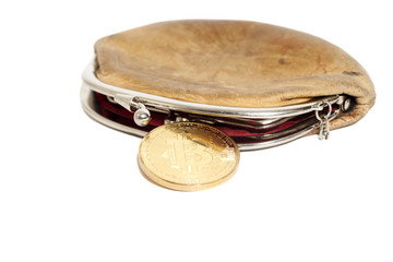 Purse with bitcoin coin isolated on white