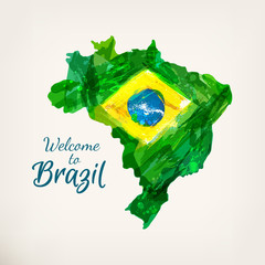 Watercolor hand drawn Brazilian map. Welcome to Brazil