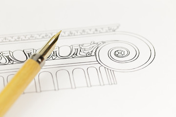 Vintage fountain pen & architectural drawing - detail column