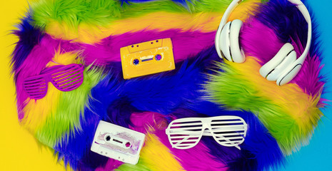 Disco DJ set. Compact Cassettes, Glasses, Headphones. Retro Part
