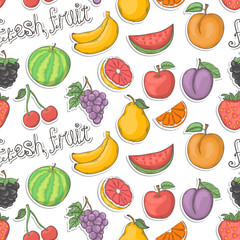 Fresh fruit vector sticker pattern isolated on a white background with shadow hand draw in doodle style