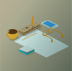 Isometric business still life work place with set subjects and b
