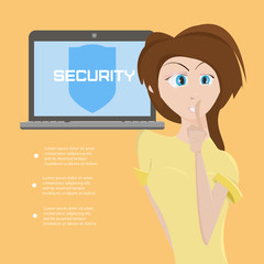 Beautiful cartoon young girl and internet security concept vecto