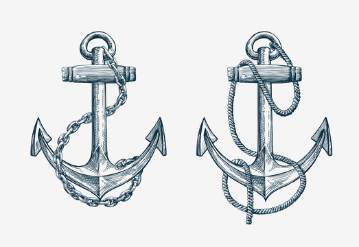 Vector hand drawn nautical anchor. Vintage sketch element ship, travel