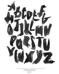 Hand drawn with liquid black ink and brush freehand alphabet, part 1. Stylish capital letters can be used for lettering and quote design. Grainy bold font isolated on white background.
