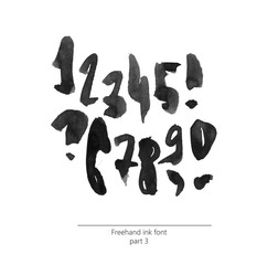 Hand drawn with liquid black ink and brush freehand alphabet, part 3. Stylish numbers can be used for lettering and quote design. Grainy bold digits isolated on white background.