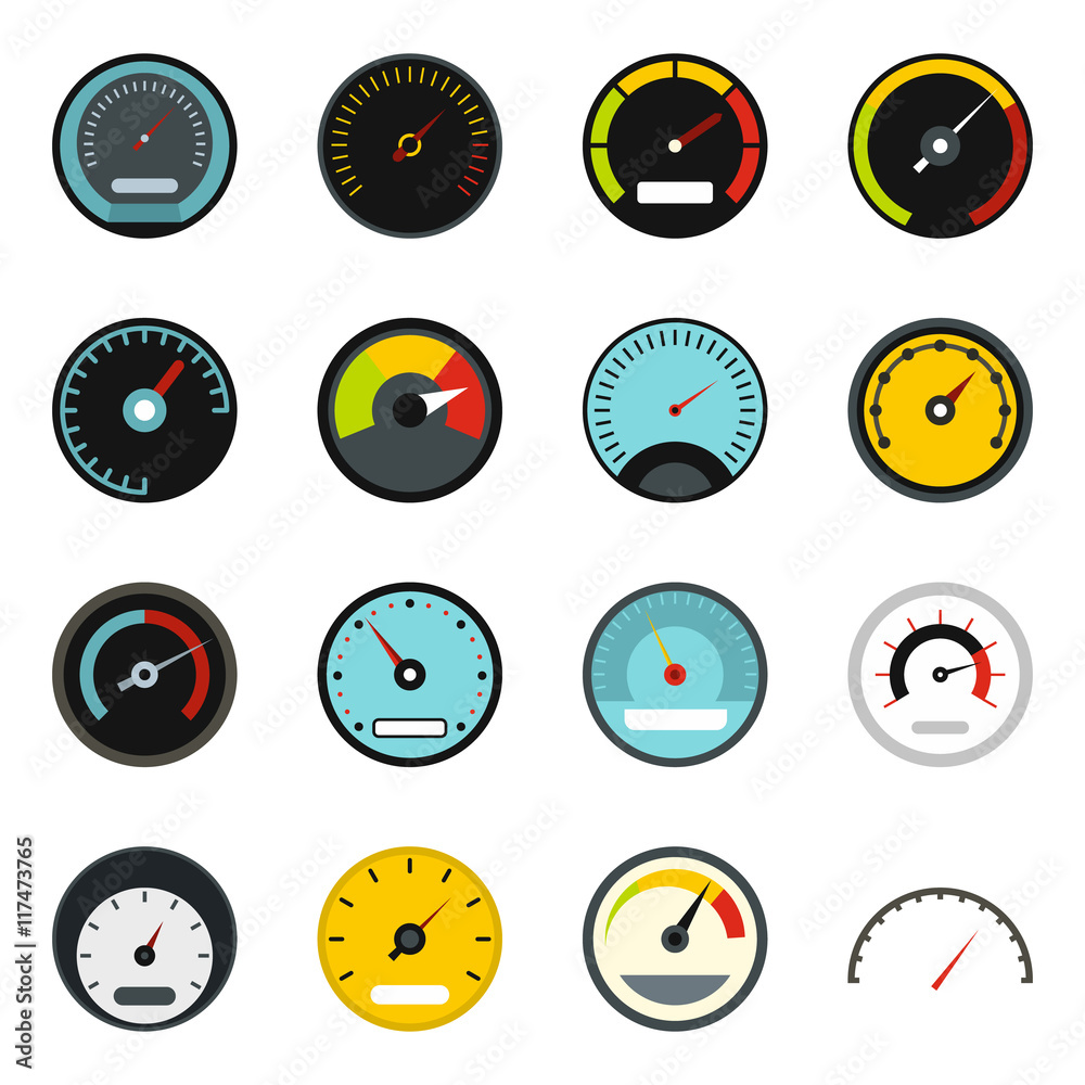 Poster flat speedometer icons set. universal speedometer icons to use for web and mobile ui, set of basic s