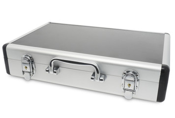 metallic suitcase isolated on white background.