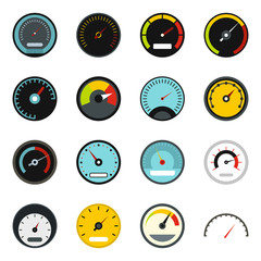 Flat speedometer icons set. Universal speedometer icons to use for web and mobile UI, set of basic speedometer elements isolated vector illustration