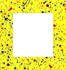 frame with splashes of blue and red  paint on yellow background