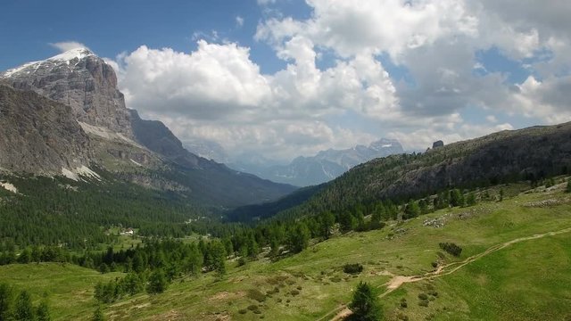 AERIAL VIEW: flight over Passo Falzarego. Italian Dolomites alps