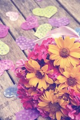 Sommerstrauß - Grußkarte - Sommerblumen in gelb und pink - Vintage