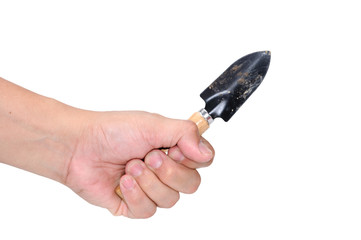 Man hand holding small shoveling isolated on white background