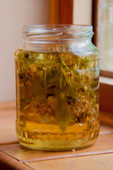 linden flowers and leaves are brewed in the pot