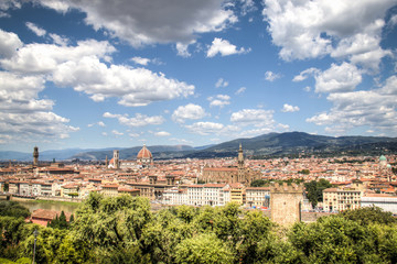 Fototapeta na wymiar Magnificent view over the historical center of Florence in Italy. The photo is taken from piazzale Michelangelo and shows the Arno river, the Duomo and many other churches and buildings 