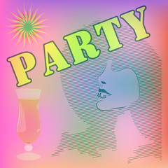 Glamorous, party with cocktail . Sketch of woman in a hat. Creative shiny Template , Banner or Flyer , design for , Party celebration.