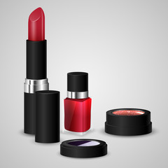 Red lipstick, nail polish, pink lip gloss and pallets with eye purple eye shadows. The pearlescent eye shadows. Realistic bottle of nail polish, open tube of lipstick. Vector illustration