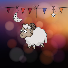Eid al Adha card. Hand drawn sheep with party flags, the moon, and star. Vector illustration for the Muslim holiday of sacrifice