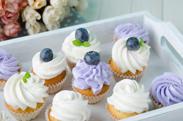 Summer coconut cupcake with blueberries and mint flavoured cream. Homemade.