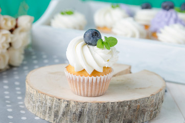 Summer coconut cupcake with blueberries and mint flavoured cream. Homemade.