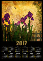 Calendar 2017 template with painting iris flowers on grunge back