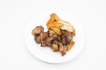 fried chicken and fried pork on dish white on white background