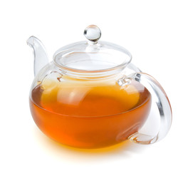 Teapot glass with tea isolated on a white background with clipping path. Front view.