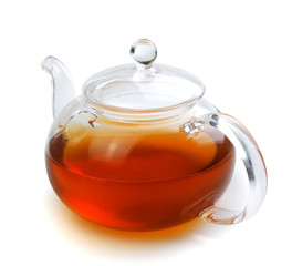 Teapot glass with black tea isolated on a white background with clipping path. Front view.