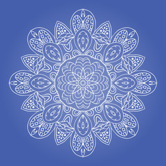 Mandala doodle drawing. Colorful round ornament. Ethnic motives. Snowflake white