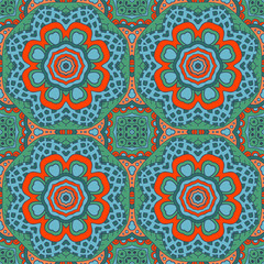 Mandala doodle drawing. Colorful seanless ornament. Ethnic motives. Zentangl Hearts. Green, blue color