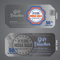 Gift voucher vector illustration to increase sales on gradient gray background with labels.