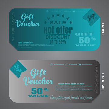 Blank of gift voucher vector illustration to increase sales on dark gray and turquoise background with text.