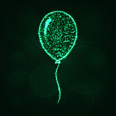 Balloon Illustration Icon, Green Green Color Lights Silhouette on Dark Background. Glowing Lines and Points