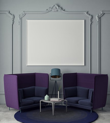 mock up blank poster on the wall of living room, 3D rendering, 3D illustration