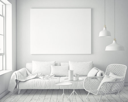 mock up blank poster on the wall of white hipster living room, 3D rendering, 3D illustration