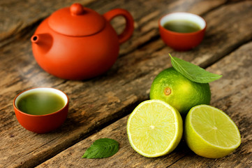 Matcha green tea, fresh limes, tea leaves