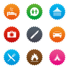 Hiking trip icons. Camping, shower and toilet.