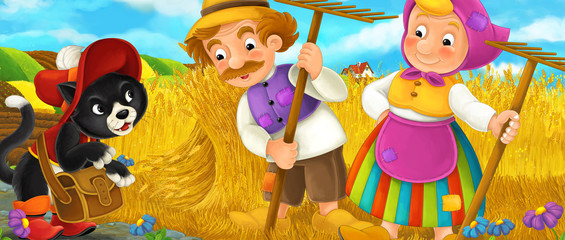 Obraz na płótnie Canvas Cartoon rural scene with royal cat visiting farmers - illustration for children